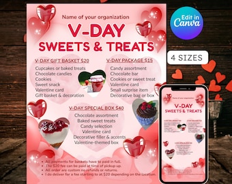 V-day sweets & treats flyer, valentines day, bakery sale, dessert table sign, community event, editable, printable, instant download