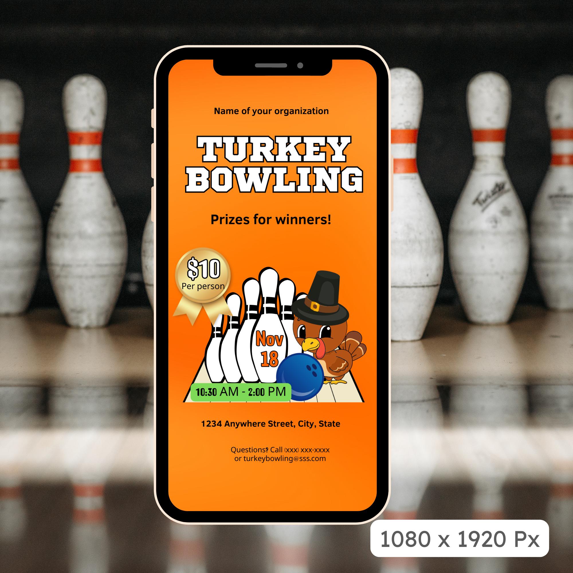turkey bowling flyer, thanksgiving bowling, friendsgiving invite