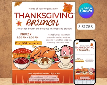 May include: Thanksgiving Brunch flyer with illustrations of a turkey, ham, and side dishes. The flyer includes the text "Thanksgiving Brunch," date, time, and cost. A smartphone displays the flyer design. The flyer is available in 3 sizes.
