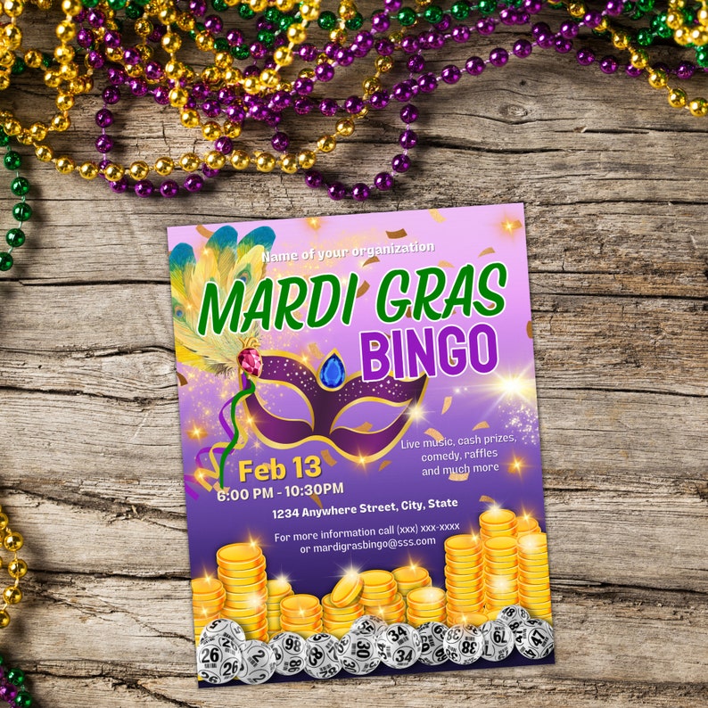 Mardi Gras Bingo Flyer Community Event Bingo Fundraiser Family Game