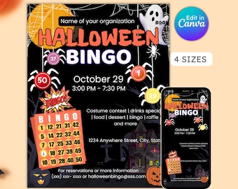 Halloween bingo flyer, October bingo night, trick or treat party, fall fundraiser idea, school pto pta, editable, printable instant download