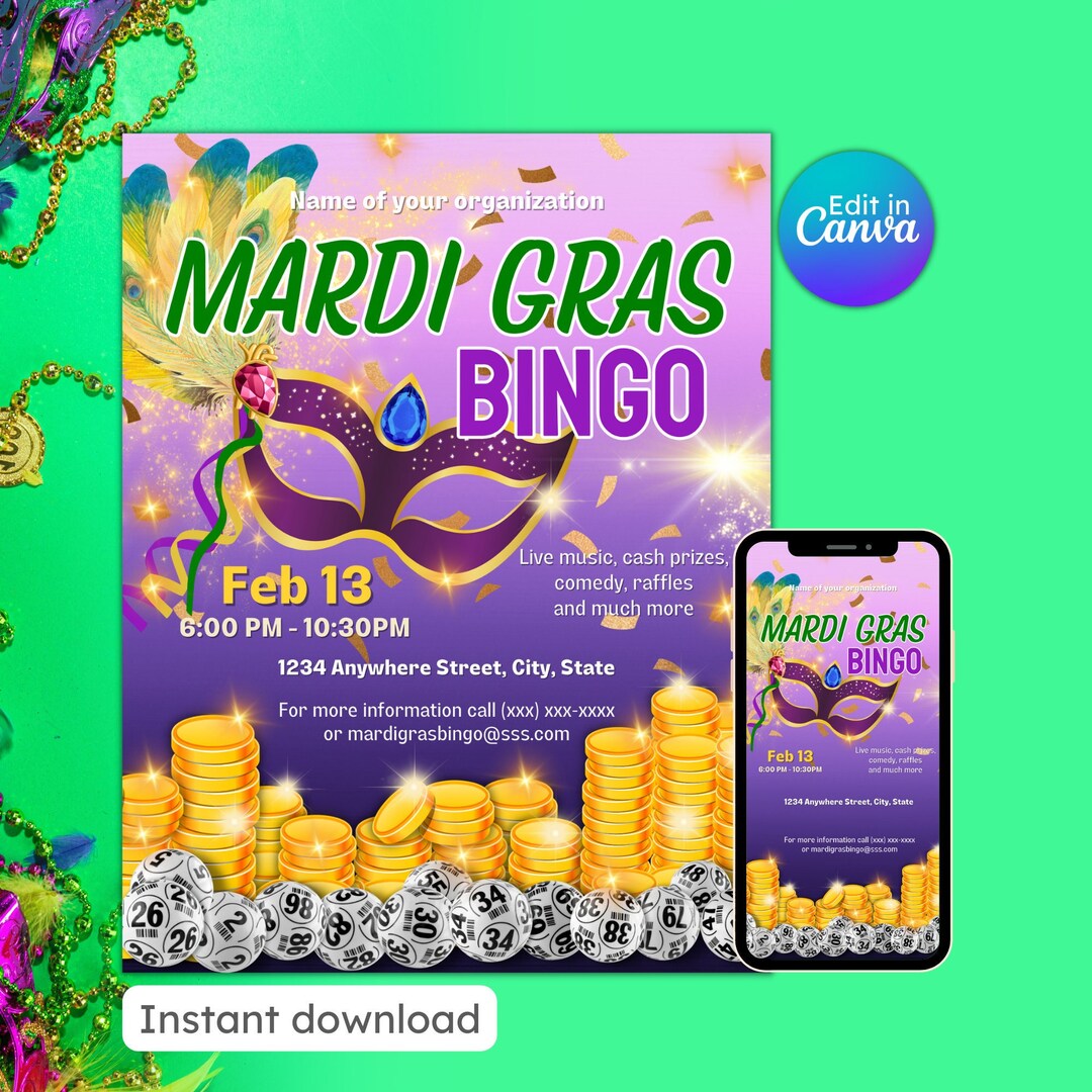 Mardi Gras Bingo Flyer Community Event Bingo Fundraiser Family Game