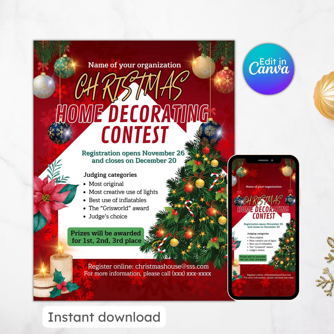 Christmas Home Decorating Contest Flyer Holiday Invitation School Pto