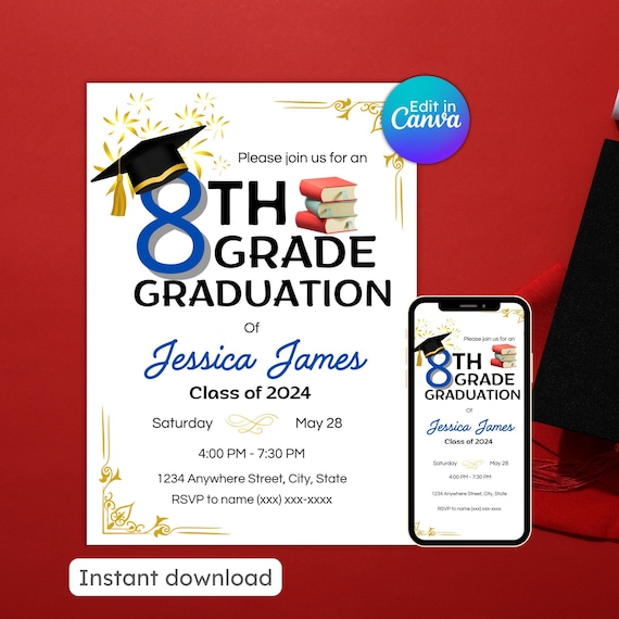 8th grade graduation invitation, black and gold, promotion invites, class of 2025, modern grad invite, editable, printable, instant download