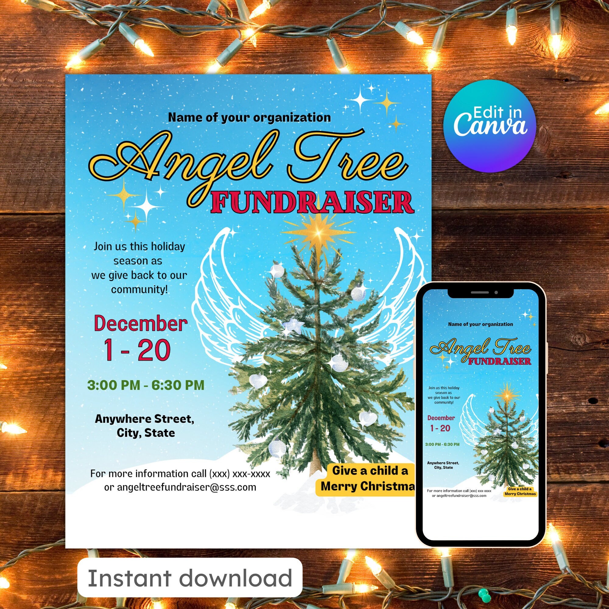 天使の木募金チラシ コミュニティ クリスマス 非営利 おもちゃ ドライブ スクール 天使のいるクリスマスツリー 編集可能 印刷可能 即時ダウンロード  - Etsy 日本