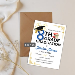 May include: A white 5x7 inch graduation invitation with gold trim. The invitation features a blue number 8 with a black graduation cap on top. The text reads "8th Grade Graduation of Jessica James Class of 2024" with a date and time for the event.