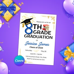 May include: Graduation invitation with a blue and gold color scheme. The invitation features a graduation cap, a stack of books, and the text "8th Grade Graduation of Jessica James Class of 2024".