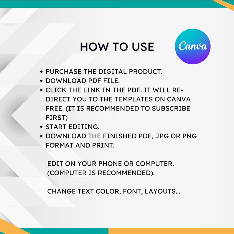 May include: A Canva logo with a teal, purple, and pink gradient. Text reads "HOW TO USE" and lists steps for using a digital product: purchase the digital product, download the PDF file, click the link in the PDF, start editing, download the finished PDF, JPG or PNG format and print, edit on your phone or computer (computer is recommended), change text color, font, layouts.