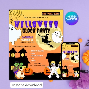 Halloween block party flyer, trick or treat, fall festival, kids halloween, community event, school carnival, editable, instant download