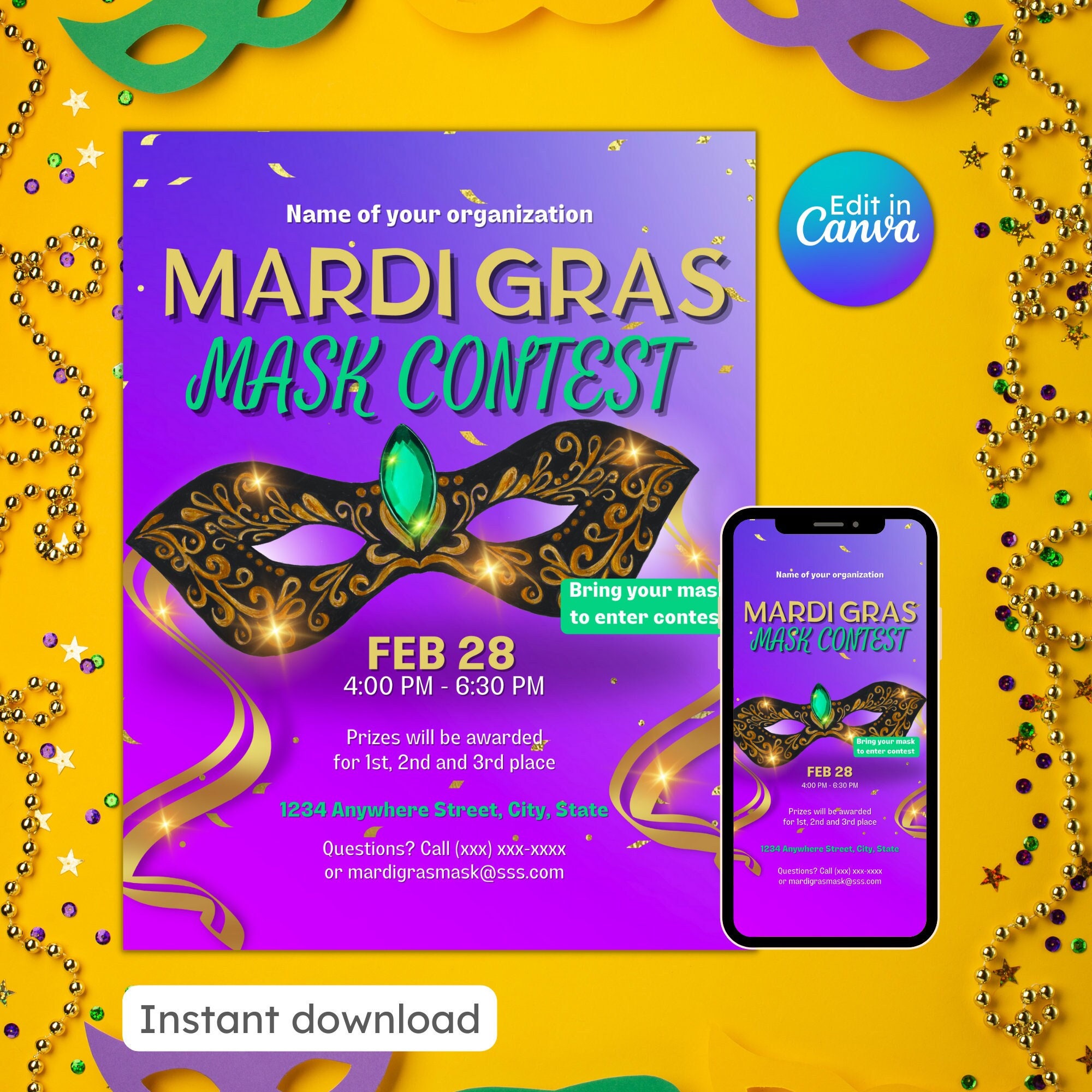 Mardi Gras Mask Contest Flyer Masquerade Ball Community Event Costume ...