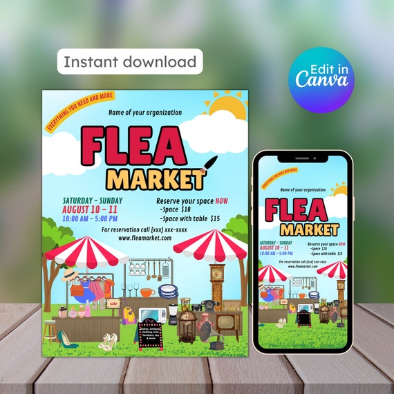 Flea market flyer, community event, printable, editable, event flyer, canva template, us letter size, local event flyer, instant download