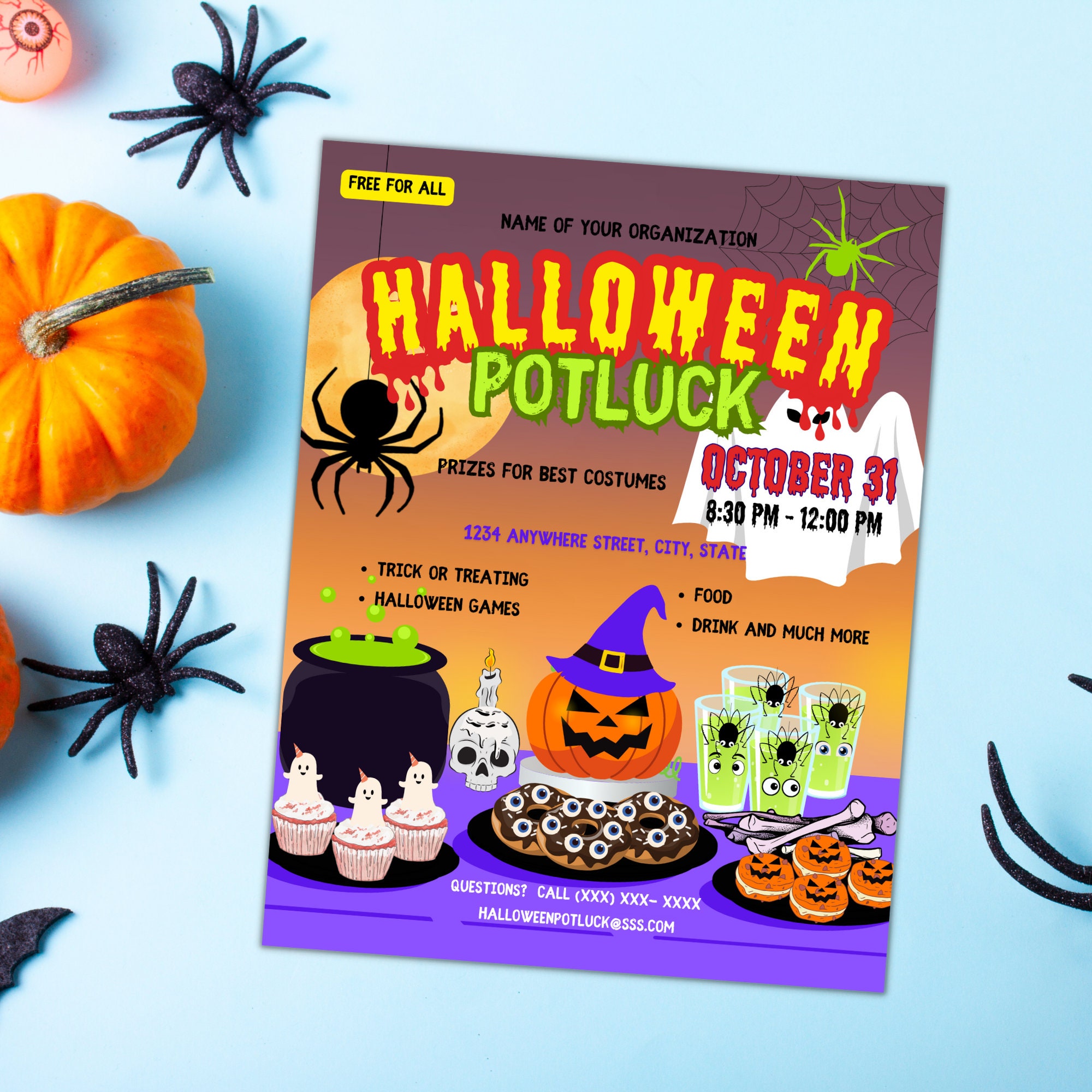 Halloween Potluck Flyer Neighborhood Party School Church Event Trick or