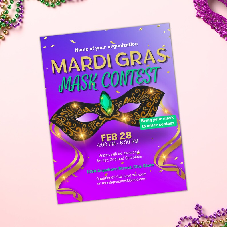 Mardi Gras Mask Contest Flyer Masquerade Ball Community Event Costume