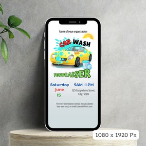 Peut inclure: L'&eacute;cran d'un t&eacute;l&eacute;phone mobile affiche une affiche pour une collecte de fonds de lavage de voiture. L'affiche pr&eacute;sente une voiture jaune de dessin anim&eacute; avec des bulles de savon et un seau d'eau. Le texte sur l'affiche indique "Car Wash Fundraiser", "Saturday, June 15", "9 AM - 1 PM", "1234 Anywhere Street, City, State", et "Pour plus d'informations, contactez Rossana James (xxx-xxx-xxxx) ou par courriel Carwash@info.com".
