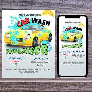 Peut inclure: Une affiche de collecte de fonds pour un lavage de voiture jaune avec une voiture jaune de dessin anim&eacute;, des bulles de savon bleues et un seau d'eau. L'affiche comprend le texte "Lavage de voiture de bienfaisance" et des d&eacute;tails sur l'&eacute;v&eacute;nement, y compris la date, l'heure et le lieu.