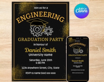 Engineering graduation card, grad announcement, class of 2024, new engineer, science degree, editable, printable, instant download
