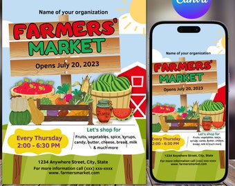 Pode incluir: Um cartaz colorido do Mercado dos Agricultores com uma placa de madeira que diz "FARMERS' MARKET" e "Opens July 20, 2023." O cartaz apresenta ilustrações de produtos, um celeiro e o texto "Every Thursday 2:00 - 6:30 PM."