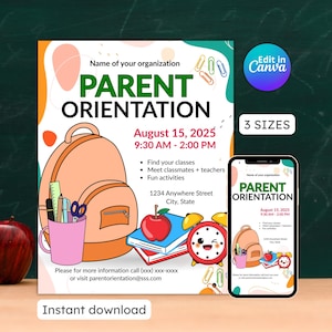 May include: A promotional flyer for a Parent Orientation event, featuring a peach-colored backpack illustration, school supplies, and a smiling clock. The flyer includes the event date, time, and location, with the text "Instant download."