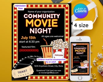 Community movie night flyer, school fundraiser, cinema film invite, movie showing party, outdoor movie event, editable, instant download