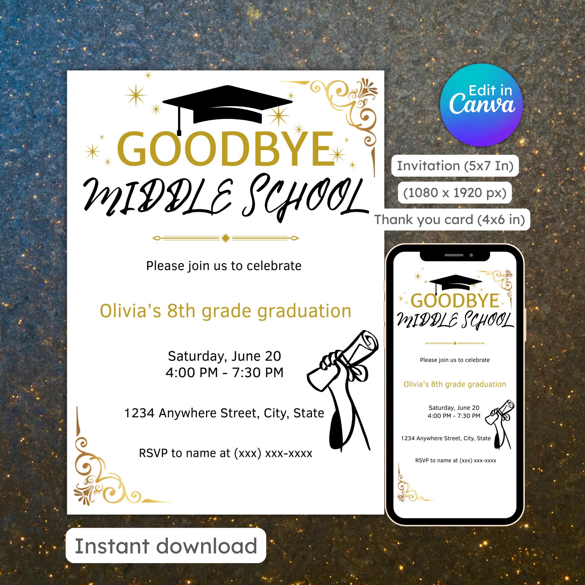 Grade R Invitation Card Goodbye Middle School Invitation, Graduation Party, Grad Announcement ...