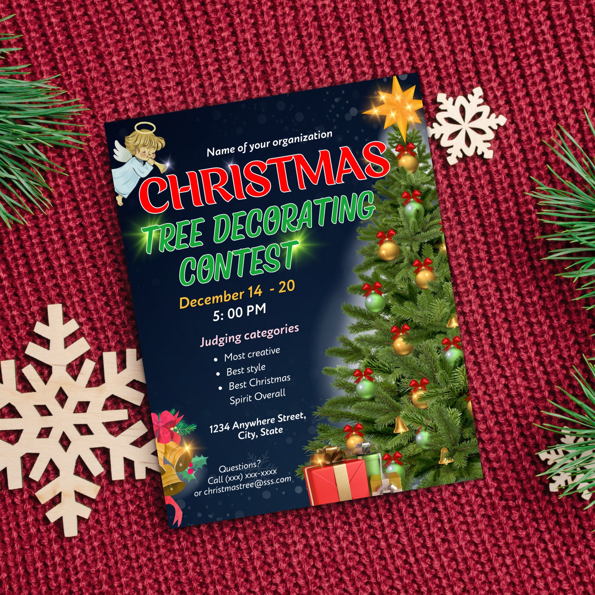 Christmas Tree Decorating Contest Flyer Holiday Ornament Decorated