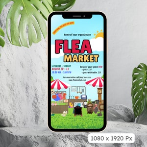 May include: A colorful flyer for a flea market, with a cartoon illustration of a market stall with various items for sale. The flyer includes the text "Flea Market", "Saturday - Sunday, August 10 - 11, 10:00 AM - 5:00 PM", "Reserve your space NOW - Space $10 - Space with table $15", "For reservation call (xxx) xxx-xxxx", and "www.fleamarket.com".