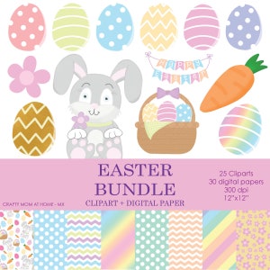 Puede incluir: Un paquete digital de clipart y papel con temática de Pascua. El conjunto incluye un conejo, huevos, una cesta de huevos, una zanahoria y flores. Los papeles son de colores pastel con lunares, rayas y patrones de chevron. El texto "HAPPY EASTER" está incluido en el clipart.