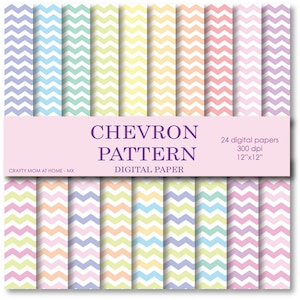 Puede incluir: Un conjunto de 24 papeles digitales con un patrón de chevron en colores pastel. Los papeles miden 30,5 cm x 30,5 cm y tienen una resolución de 300 dpi.
