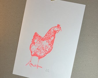 Poster Siebdruck Huhn, DIN A4, Handdruck, neonrot, limitierte Auflage, handsigniert, Kunstdruck, Wanddeko Küche