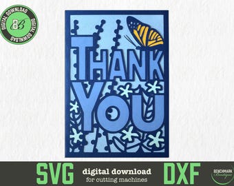 Butterfly Floral Thank You Card SVG: Layered Papercraft Cut File (Digital Download)