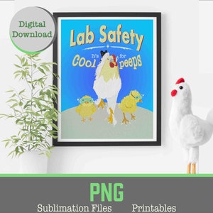 Pôster de segurança de laboratório para impressão PNG Galo e pintinhos usando óculos pôster de segurança de laboratório óculos de sublimação de ciência humor sala de aula de segurança de laboratório