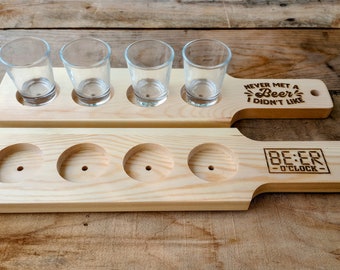 4 slot pine Wood Flight Paddle - Beer Flight Board - Shot Board Serving Tray - Shot Glasses Holder for Craft Beer, Whiskey