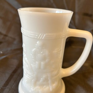 Set of 2 1950 Vintage Federal Milk Glass Stein Pub Scene Mug Tankard