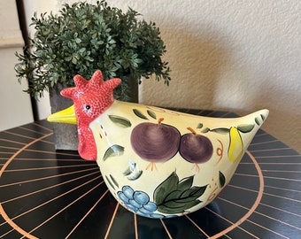 CBK, LTD. Hand Painted Ceramic Rooster Chicken Hen Floral Vintage 1999 Green
