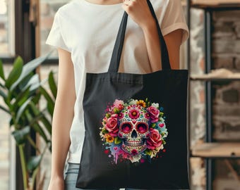 Sugar skull tote bag, tote bag,day of the dead tote bag, skull tote bag, colorful skull tote bag, gift for her, halloween tote bag, skull