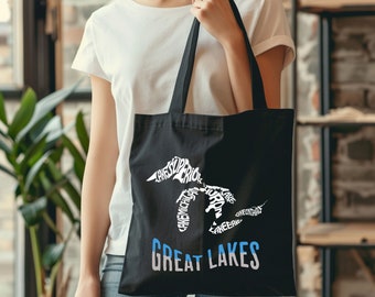 Great lakes tote bag, cute Michigan tote bag, Great lakes Michigan, great lakes reusable bag, souvenir tote bag,Michigan memories gift bag