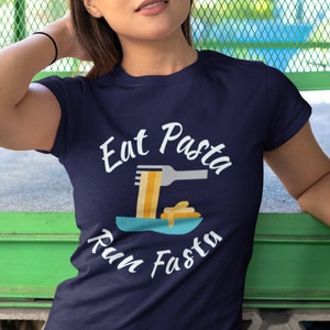 Eat Pasta Run Fasta Graphic Tee with Pasta Logo - Pasta Lover Shirt, Running Tee, Vegan Shirt, and Foodie Gift