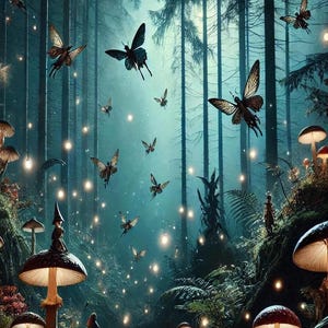 Faeries and Fireflies - Peaceful Serene Enchanted Fantasy Forest Nature Home Wall Art Decor Print Gift Present Spiritual Enlightenment