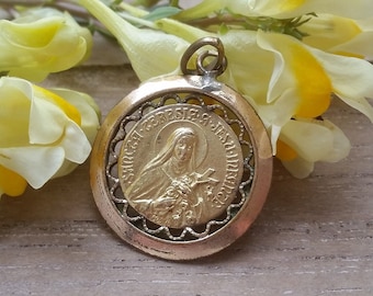 Antique Saint Therese Pendant – Little Flower Golden Religious Medal