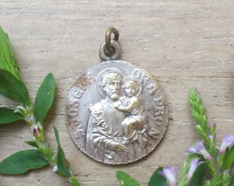 Antique religious medal - Saint Joseph religious pendant - Guardian Angel - Christian accessory