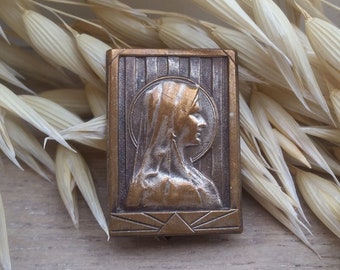 Antique Religious brooch - Blessed Virgin Mary medal - Engraved Marie - Christian Accessory