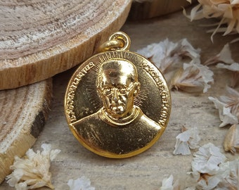 Antique Religious brass Pendant - Maximilian Kolbe - Golden medal - Blessed Virgin Mary - Christian accessory