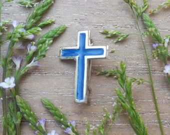 Antique Religious brooch - Jesus Christ blue cross - Christian accessory