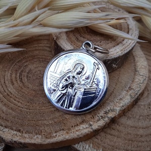 Antique pendant Saint Rita of Cascia - Crowned virgin and Holy Infant - Silvered religious medal - Christian accessory - Catholic jewellery