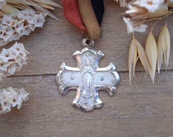 French medal - Cross - Silvered brooch - Blessed Virgin Mary -  Christian military accessory