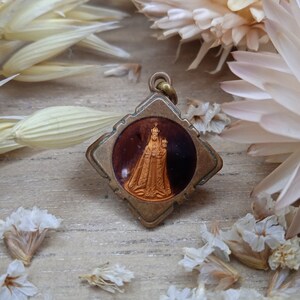 Notre Dame de Fourviere Antique medal - Religious pendant - Copper and enamel medal - Christian accessory