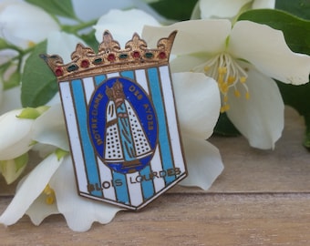 Antique Religious Notre Dame des Aydes brooch pin - Our Lady of Aydes Blois Lourdes Pilgrimage Blue Enamel Crown