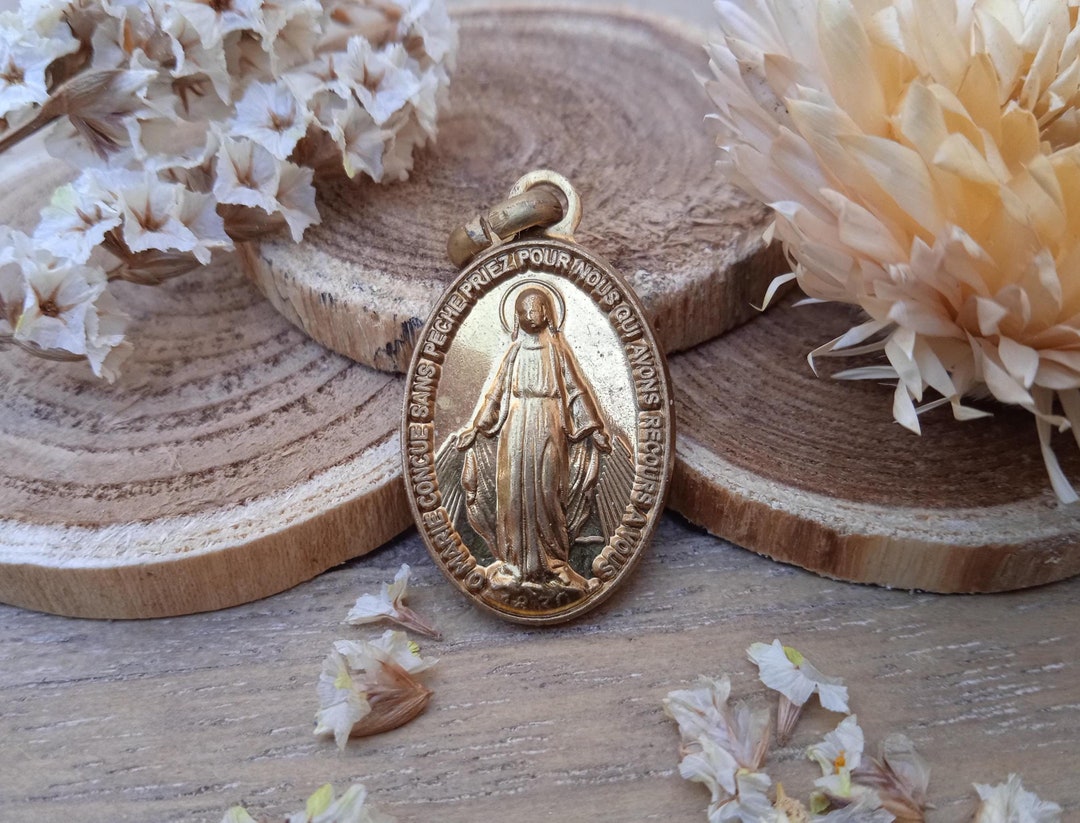 Antique Miraculous Medal - Golden Religious Pendant Virgin Mary ...