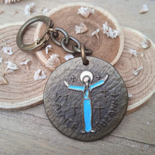 Religious pendant Saint Suzanne - Saint Susanna - Bronze and enamel KeyRing - Antique enamel medal by Elie Pellegrin