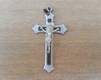 Jesus Christ - cross antique religious medal, aluminium and wood gothic pendant - Christian accessory